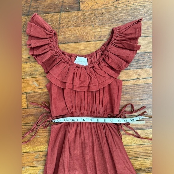 Cleobella Daria Midi Dress in Brick Off Shoulder Cotton Linen Side Cutouts - Picture 5 of 7
